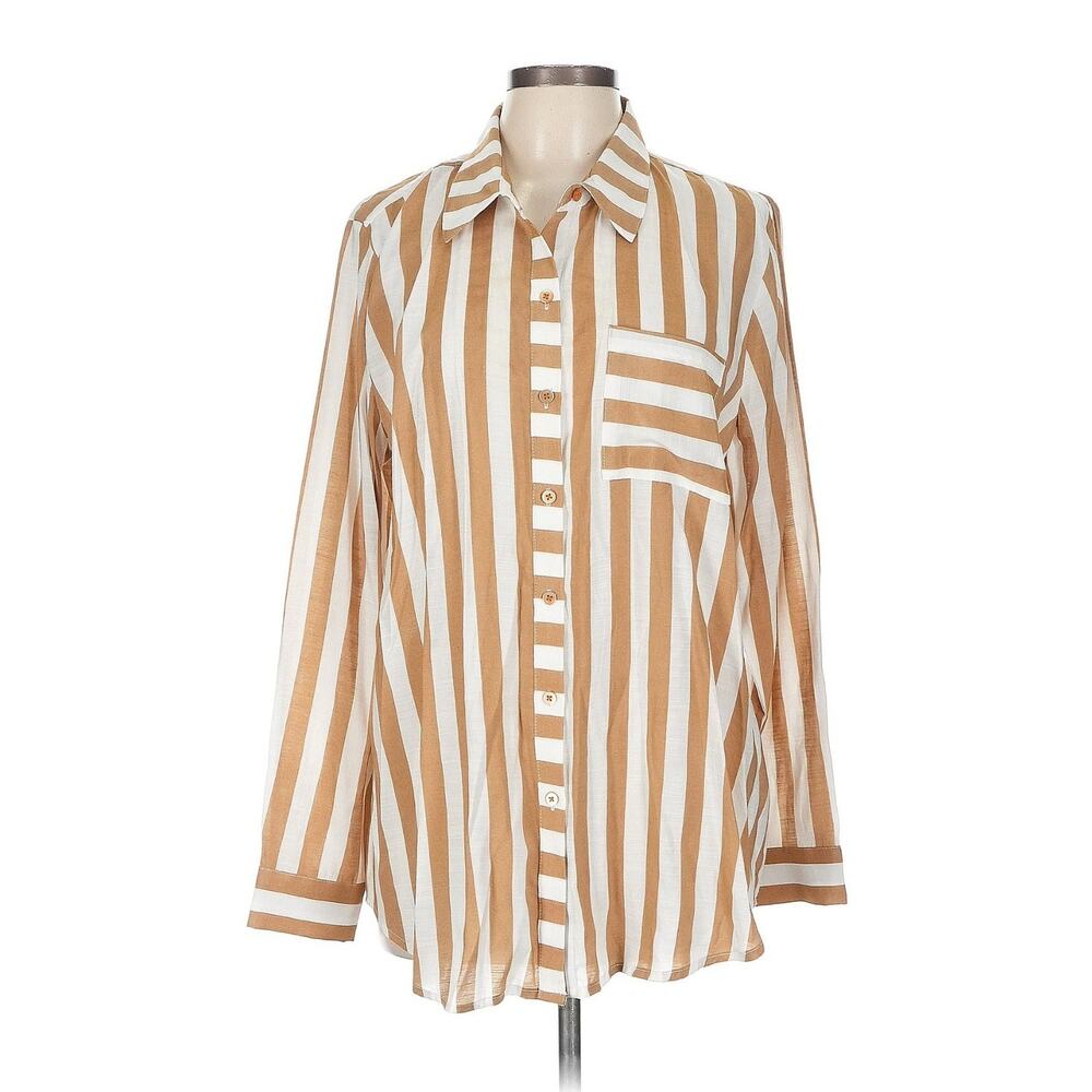 STUDIO 1886 Tan White Striped Collared Button Down Shirt L